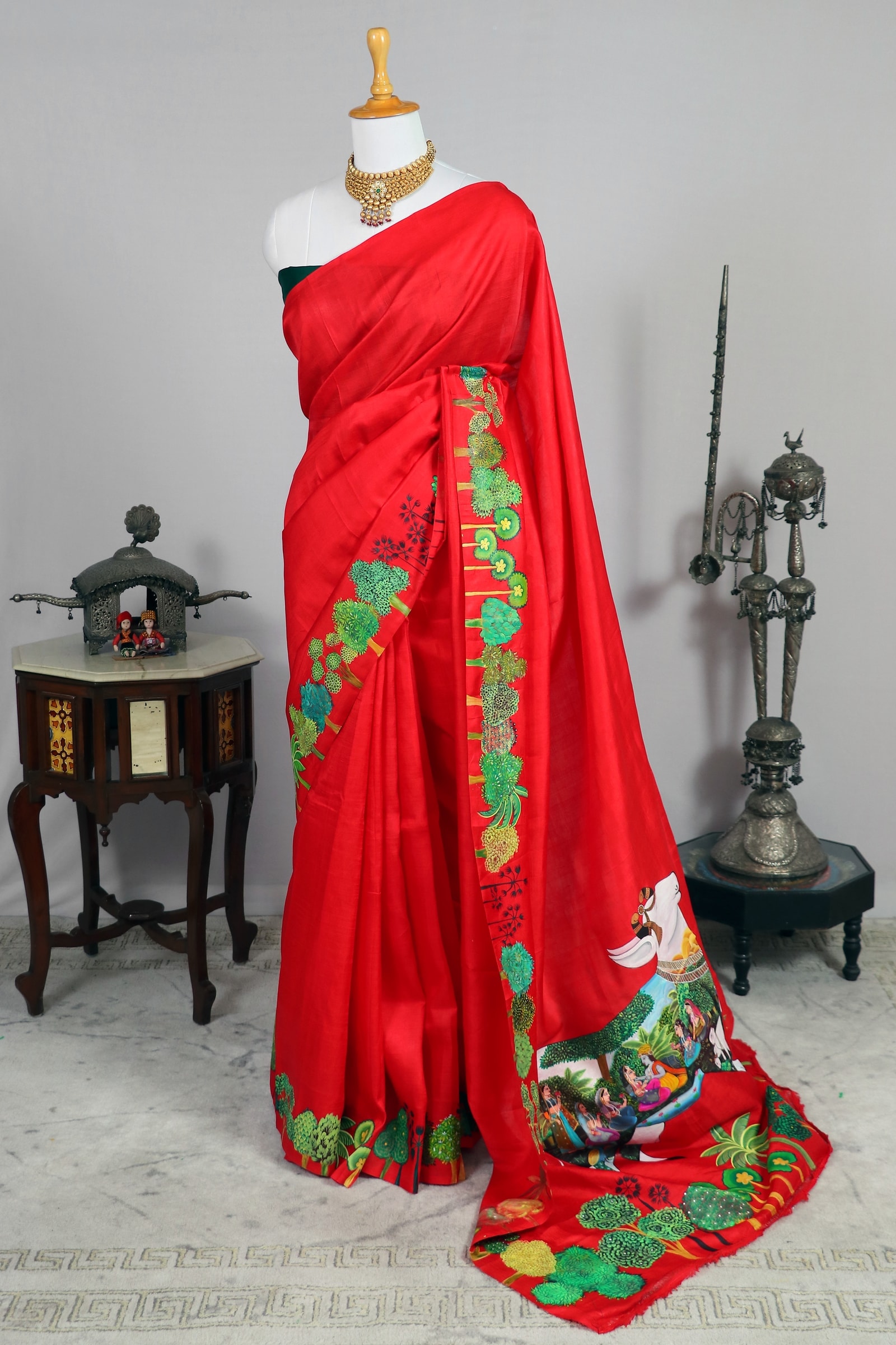 Pichwai – Radha Krishna Red Silk Saree